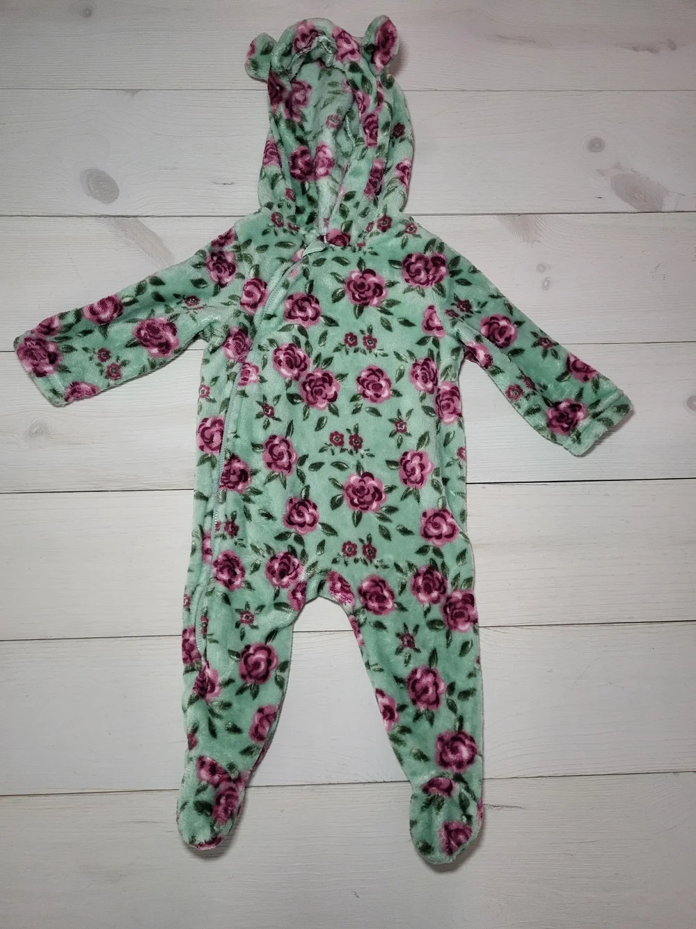 Duck Duck Goose Infant Girl's Plush Footie Floral Hooded Baby Outfit Shabby Chic